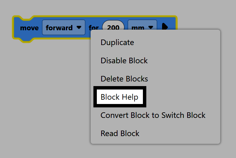 Kontextová nabídka pro blok VEXcode po kliknutí pravým tlačítkem myši. Možnost „Blokovat nápovědu“ je zvýrazněna černě.