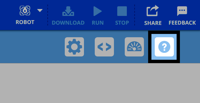 VEXcode इंटरफ़ेस में सहायता बटन को काले रंग की रूपरेखा के साथ हाइलाइट किया गया है। इसे एक सफेद प्रश्न चिह्न वाले नीले वृत्त द्वारा दर्शाया गया है, जो स्क्रीन के ऊपरी-दाहिने कोने में सेटिंग्स और इंटरफ़ेस दृश्य आइकन के बगल में स्थित है।