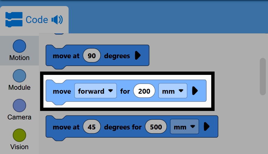 200 मिमी ब्लॉक के लिए आगे की चाल VEXcode ब्लॉक संपादक में हाइलाइट की गई है।