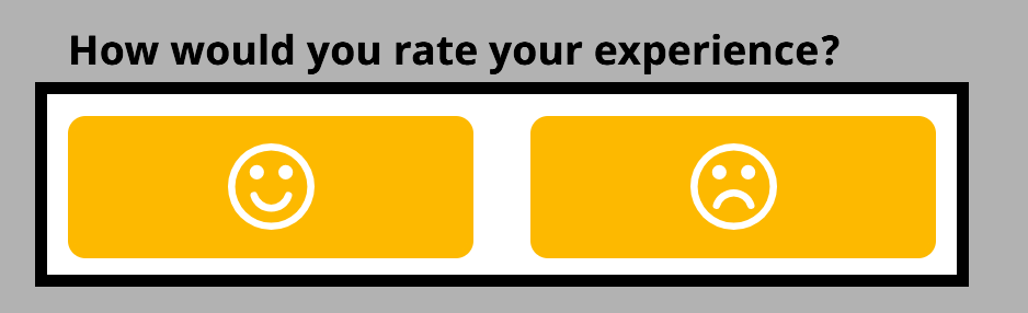 Bagian formulir umpan balik menampilkan dua tombol kuning dengan ikon wajah tersenyum dan sedih. Bagian ini diberi judul Bagaimana Anda menilai pengalaman Anda dan diberi garis hitam untuk menekankan area pilihan.