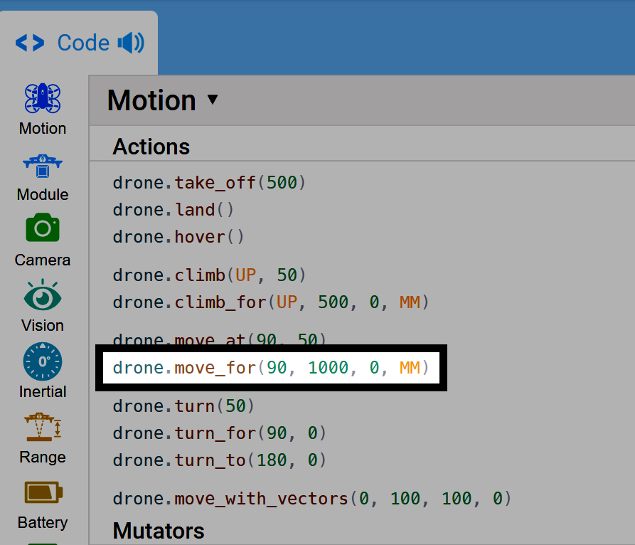 VEXcode पायथन इंटरफ़ेस कोड की एक हाइलाइट की गई पंक्ति दिखाता है: drone.move_for(90, 1000, 0, MM).