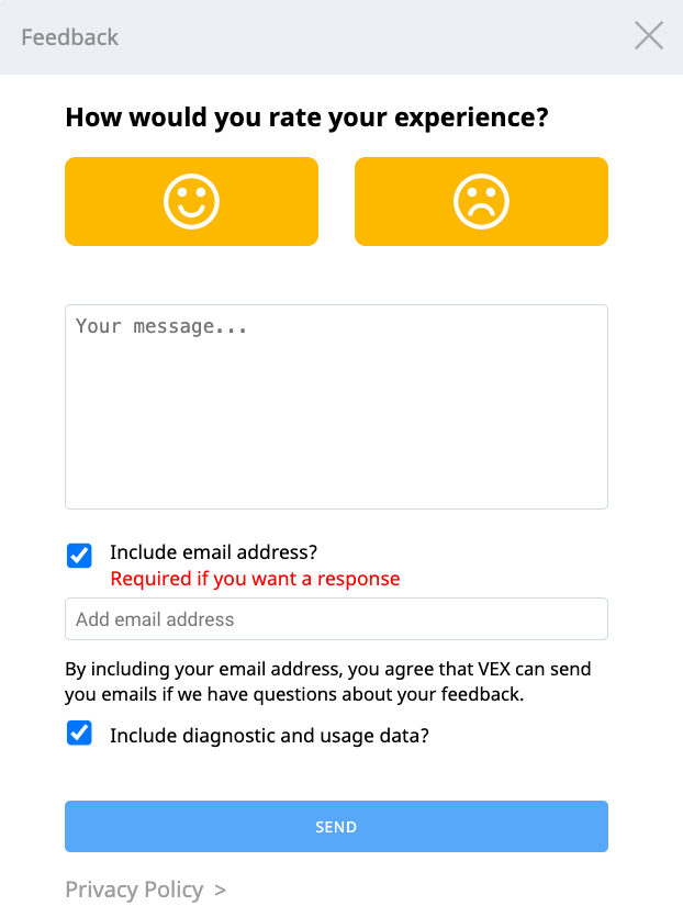Het volledige formulier voor het indienen van feedback wordt weergegeven met de verschillende opties die hieronder worden uitgelegd.
