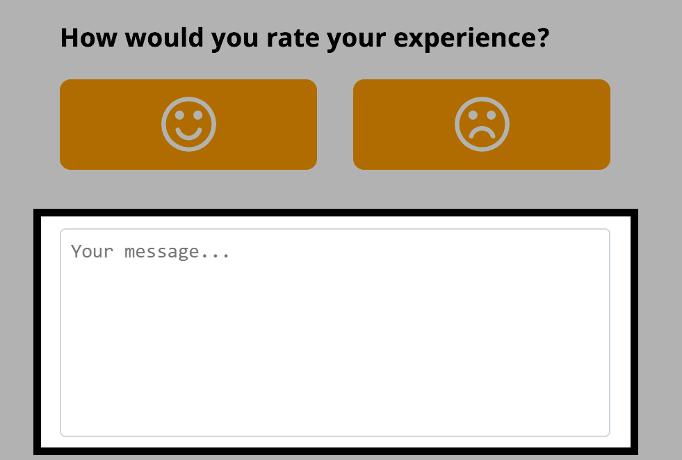 Feedbackformuliergedeelte met een tekstvak met het label Uw bericht. Het staat onder de gele smiley- en verdrietige gezichtjesknoppen en is zwart omlijnd. Dit geeft aan waar gebruikers extra opmerkingen kunnen typen.