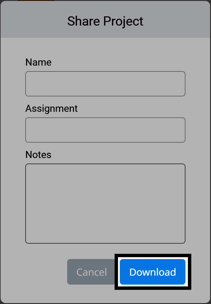 Cuadro de diálogo Compartir proyecto en VEXcode. Contiene campos para Nombre, Asignación y Notas. El botón Descargar está resaltado en azul y delineado en negro en la parte inferior derecha.
