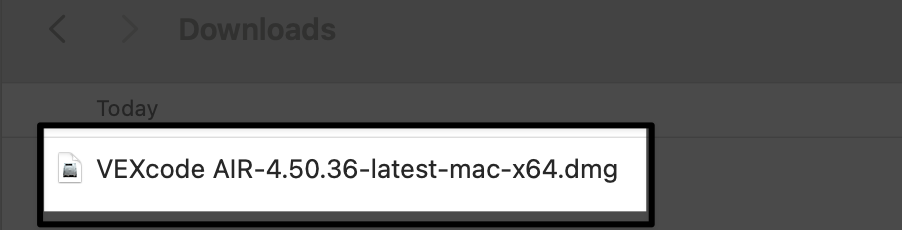 Trình cài đặt VEXcode AIR được hiển thị trong thư mục tải xuống của Mac