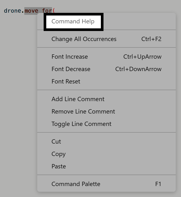 Menu kontekstowe dostępne po kliknięciu prawym przyciskiem myszy w interfejsie Python VEXcode. Opcja Pomocy poleceń jest podświetlona na czarno.
