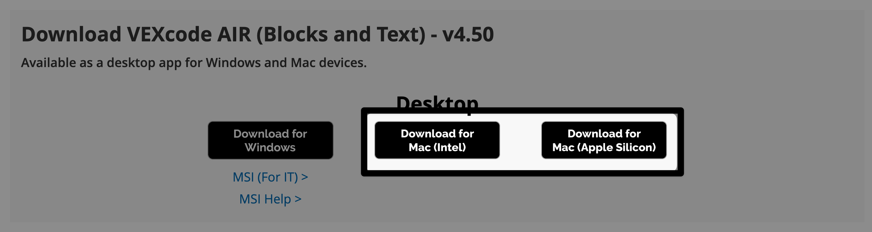 कोड वेबसाइट पर दो बटन हाइलाइट किए गए। दोनों बटन मैक पर डाउनलोड करने के लिए हैं। बायां बटन इंटेल चिप्स के लिए तथा दायां बटन एप्पल सिलिकॉन चिप्स के लिए है।