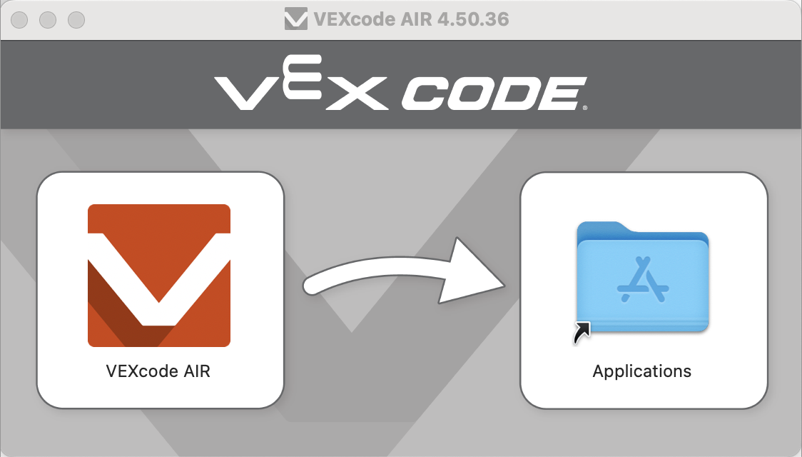 Pantalla de instalación de VEXcode AIR con el ícono naranja de VEXcode AIR a la izquierda y el ícono de la ventana de aplicaciones en forma de carpeta azul a la derecha y una flecha entre los dos.