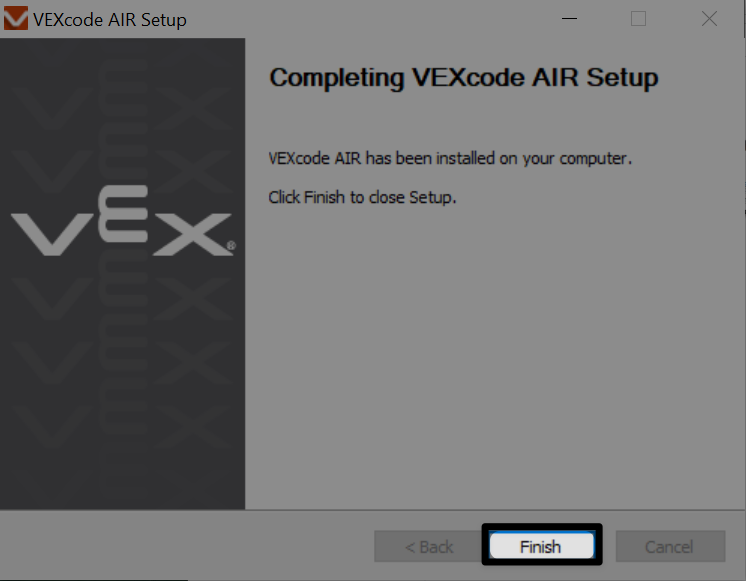 VEXcode AIR सेटअप विंडो 'समाप्त' बटन हाइलाइट किए हुए 'VEXcode AIR सेटअप पूरा हो रहा है' संदेश दिखा रही है।