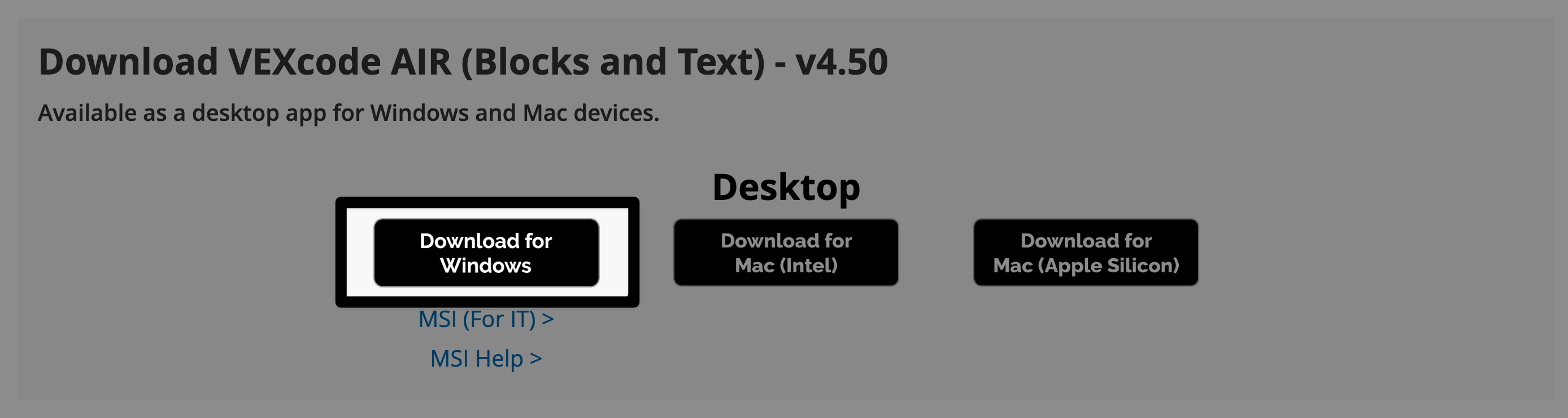 VEXcode AIR डाउनलोड करने के लिए कोड वेबसाइट पर बटन। हाइलाइट किए गए बटन पर 'डाउनलोड फॉर विंडोज' लिखा है।
