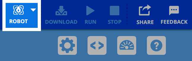 VEXcode AIR इंटरफ़ेस का शीर्ष नेविगेशन बार रोबोट-संबंधित विकल्प दिखा रहा है। रोबोट मेनू को सफेद बॉर्डर से हाइलाइट किया गया है। डाउनलोड, रन, स्टॉप, शेयर और फीडबैक के लिए आसन्न आइकन भी दिखाई देते हैं, साथ ही नीचे ग्रे रंग के सेटिंग आइकन भी दिखाई देते हैं।