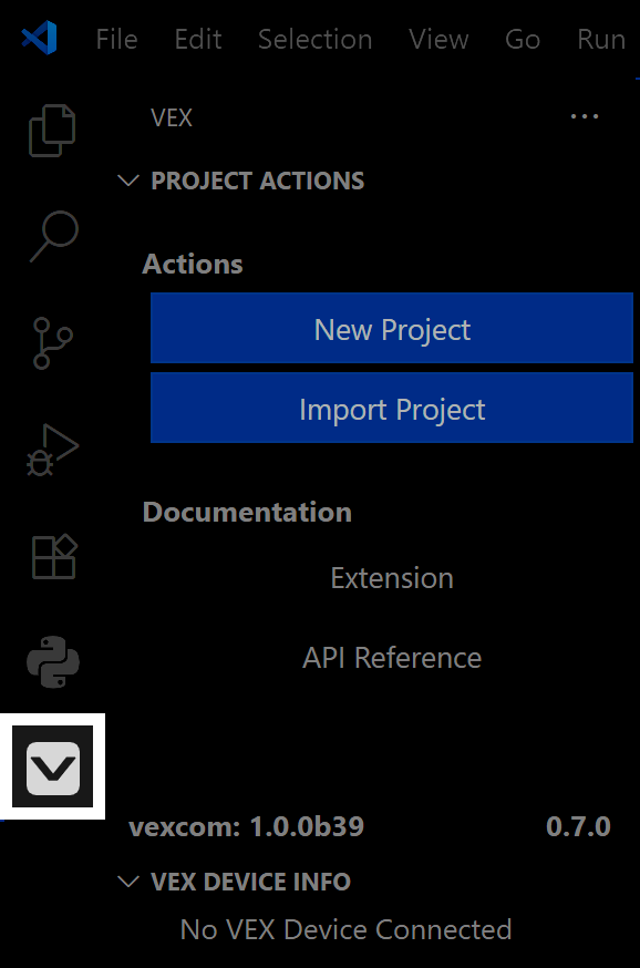 Bilah samping Visual Studio Code dengan panel ekstensi VEX terbuka, menampilkan bagian TINDAKAN PROYEK dengan dua tombol biru berlabel Proyek Baru dan Impor Proyek, bagian Dokumentasi dengan tautan Referensi Ekstensi dan API, dan INFO PERANGKAT VEX yang menunjukkan Tidak Ada Perangkat VEX yang Terhubung; ikon tarik-turun besar di dekat bagian bawah disorot, terletak di atas informasi versi untuk vexcom 1.0.0b39 dan versi lain berlabel 0.7.0