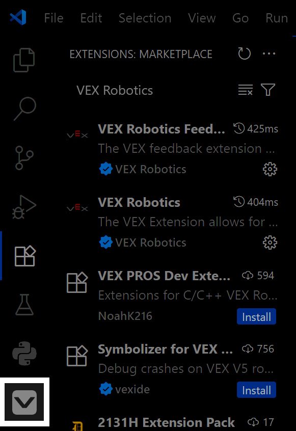 VEX रोबोटिक्स के लिए खोज परिणामों के साथ विजुअल स्टूडियो कोड एक्सटेंशन मार्केटप्लेस पैनल; शीर्ष परिणामों में VEX रोबोटिक्स फीडबैक और VEX रोबोटिक्स द्वारा VEX रोबोटिक्स एक्सटेंशन शामिल हैं, दोनों प्रकाशक बैज और गियर आइकन प्रदर्शित करते हैं, इसके बाद NoahK216 द्वारा VEX PROS Dev एक्सटेंशन और vexide द्वारा VEX के लिए सिम्बोलाइजर हैं, प्रत्येक में इंस्टॉल बटन हैं; 2131H एक्सटेंशन पैक नीचे आंशिक रूप से दिखाई देता है; साइडबार पर एक ड्रॉपडाउन आइकन पायथन और टेस्ट ट्यूब आइकन के पास हाइलाइट किया गया है