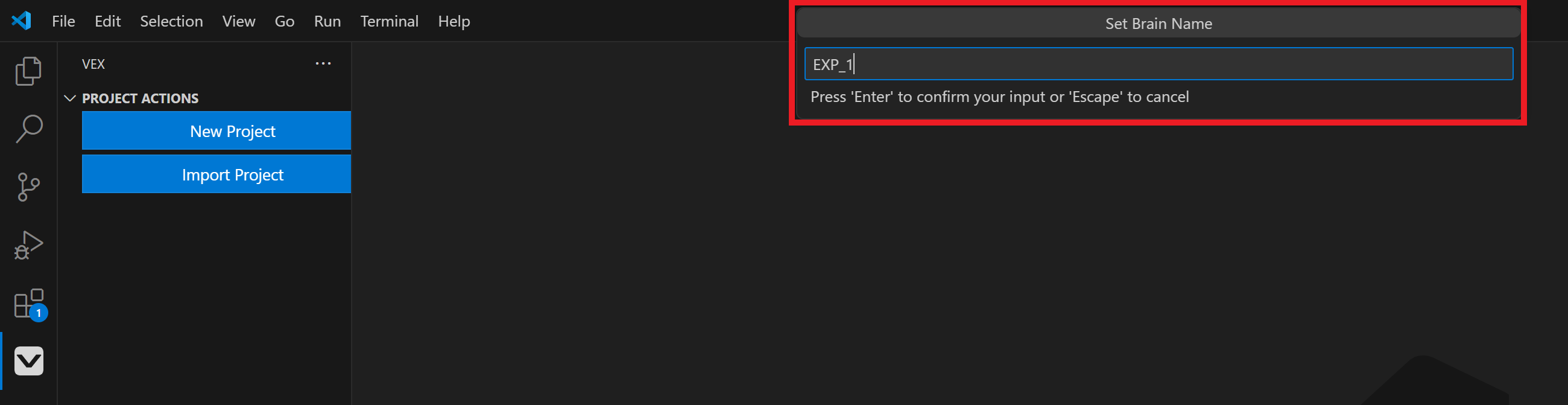 Set Brain Name prompt window with a text field and a message below that reads Press Enter to confirm your input or Escape to cancel. In this example, the Brain is being renamed to EXP_1.
