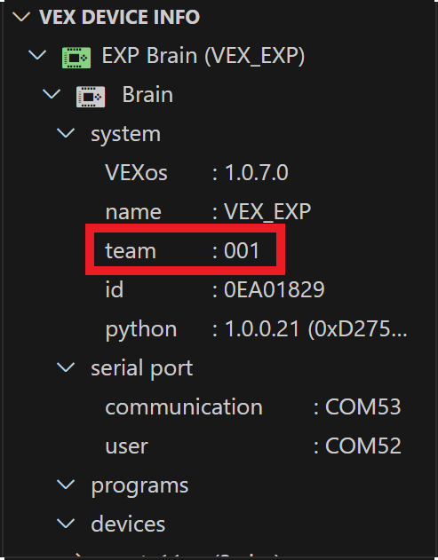 Team option is highlighted inside the System folder and it has now been changed to 001.