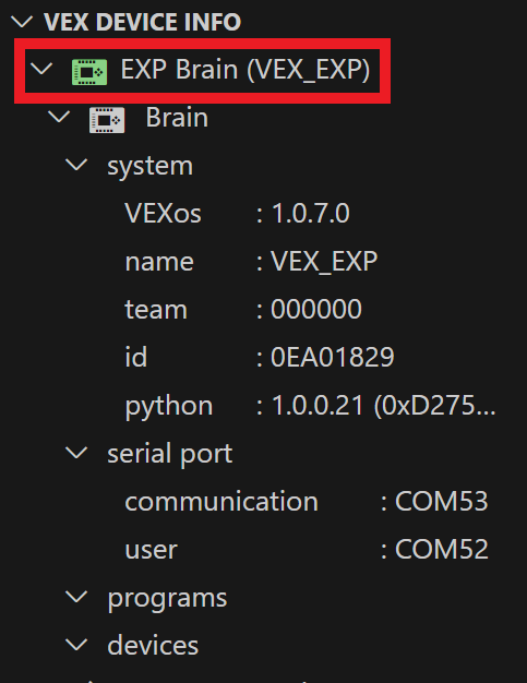 VEX Device Info section with the VEX Device Indicator folder highlighted. In this example, the VEX Device Indicator folder reads EXP Brain (VEX_EXP).