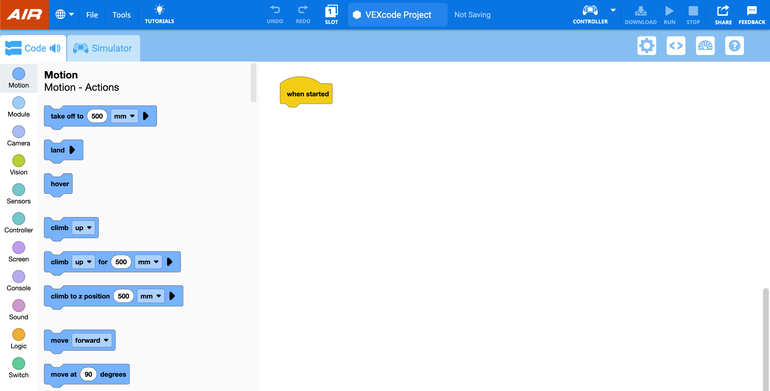 Screenshot of VEXcode AIR showing the workspace and toolbox.