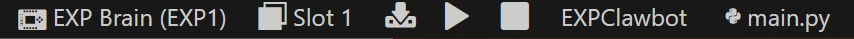 VS Code Toolbar with VEX Extension icons that can be used to quickly interact with connected VEX devices and projects. The VEX features include the Device Picker, the Slot Selector, the Build & Download icon, the Play icon, the Stop icon, the Project Selector, and the Python File Selector.