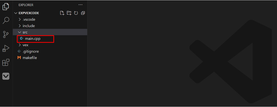 The Explorer option on the Activity Bar has been selected and it shows the VEX project's files and folders. The folder titled src has been opened, and inside a C++ file named main.cpp is highlighted.