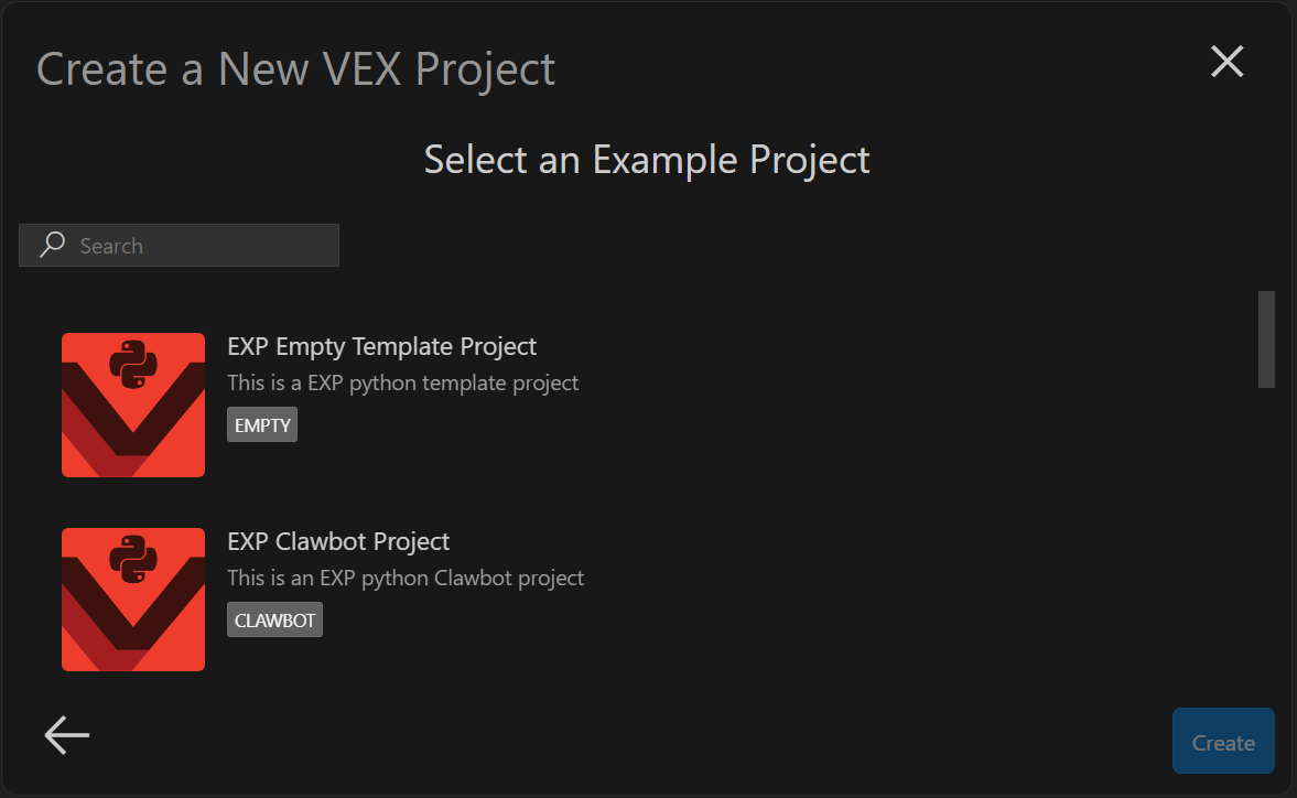 The programming language option has been selected, and now Template/Example projects are shown. This menu can be scrolled down to view the complete list of projects.