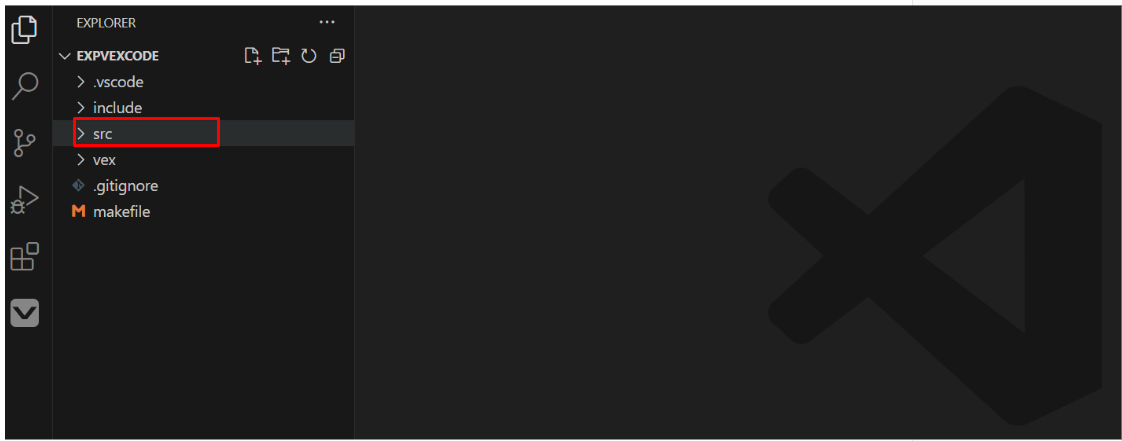 The Explorer option on the Activity Bar has been selected and it shows the VEX project's files and folders. The folder titled src is highlighted.