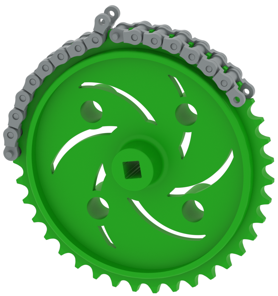Chain or tank tread being assembled on the teeth of a sprocket piece so that they can be connected more easily.