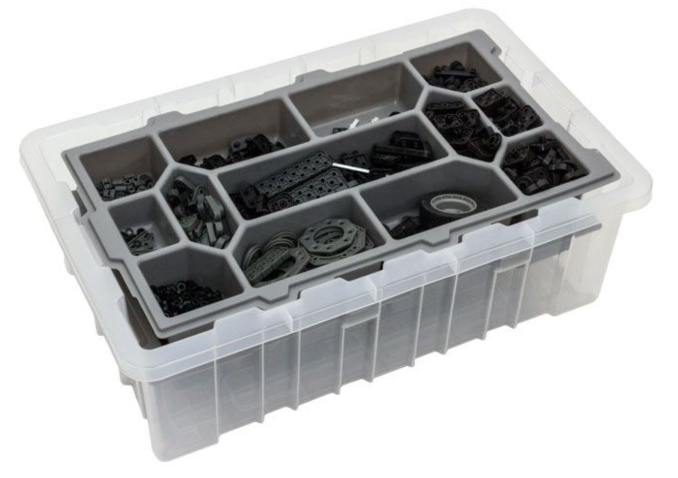VEX storage bin is shown, with an upper tray for storing smaller parts and a lower section of the bin for storing larger parts.