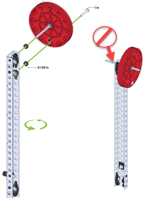 Build instruction step is shown as an example. In this step, a Gear is attached to the far side of a Structure piece using a Drive Screw piece.