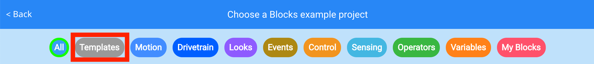Example Projects menu with the Templates category in the Filter bar highlighted.