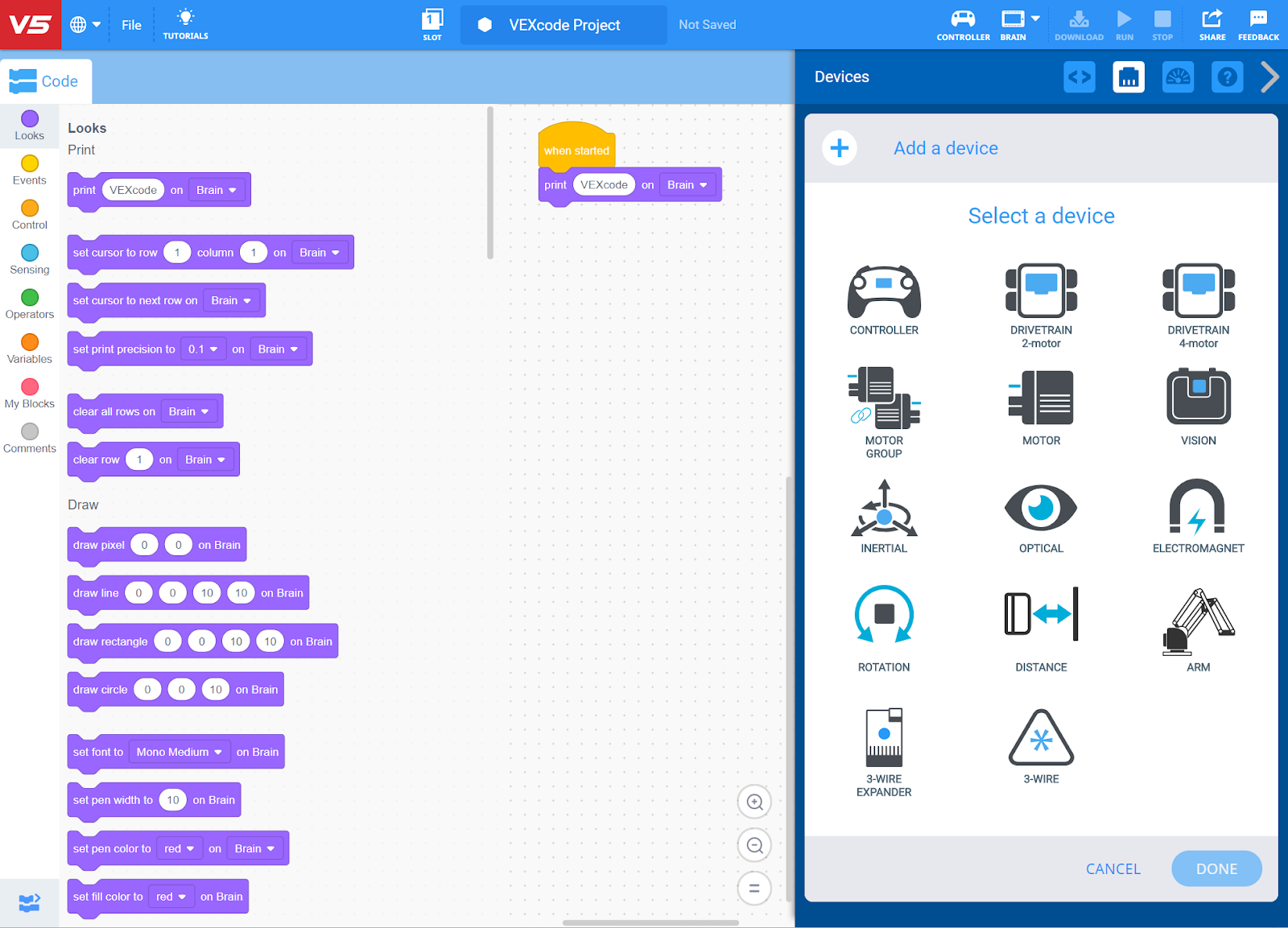 Screenshot of the VEXcode V5 application. The Device Menu and shows a list of devices that could be added.