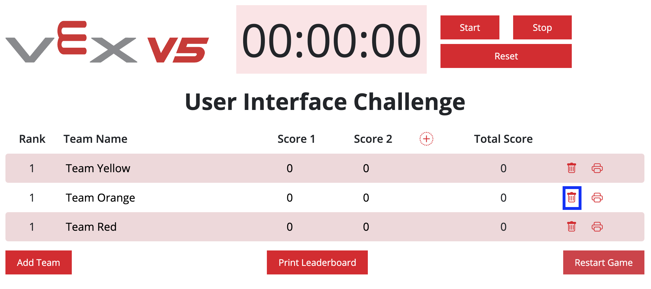 VEX V5 Leaderboard with the trashcan icon highlighted that can be used to remove a specific team.