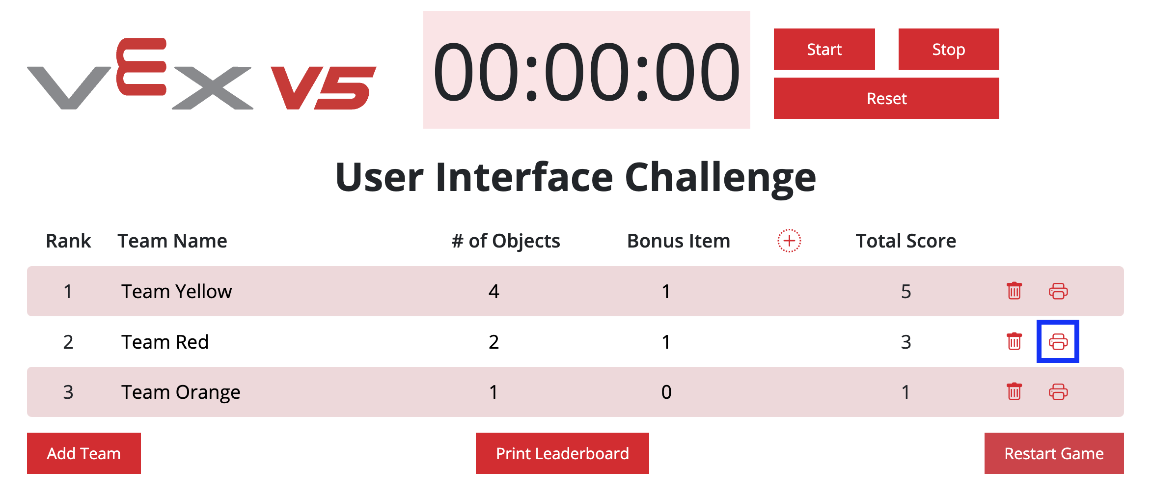 VEX V5 Leaderboard with a team's printer icon highlighted. The printer icon can be used to generate and print an individual Team's certificate.