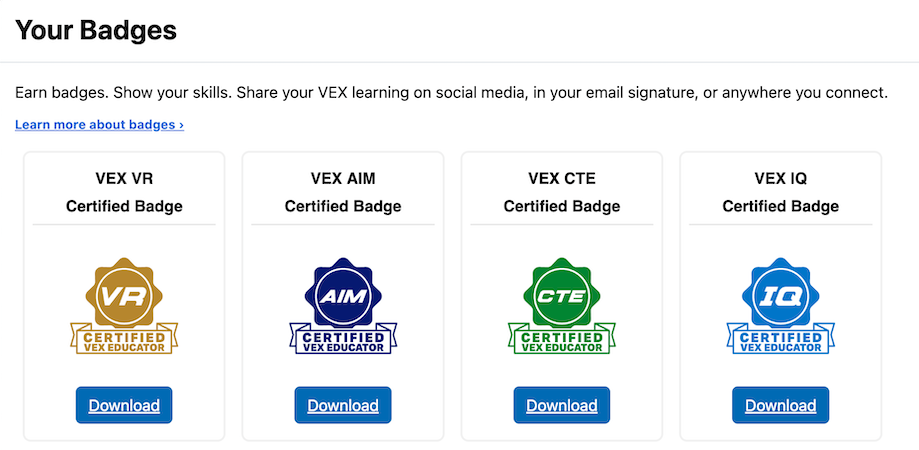 A screenshot of the Your Badges window in PD+. Various earned badges are shown with a Download button beneath each.