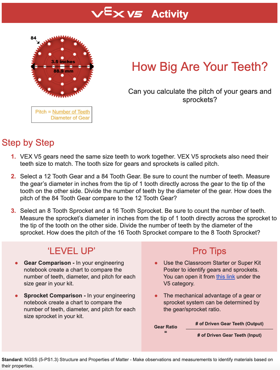 Screenshot of the VEX V5 How Big Are Your Teeth Activity, shown as an example.