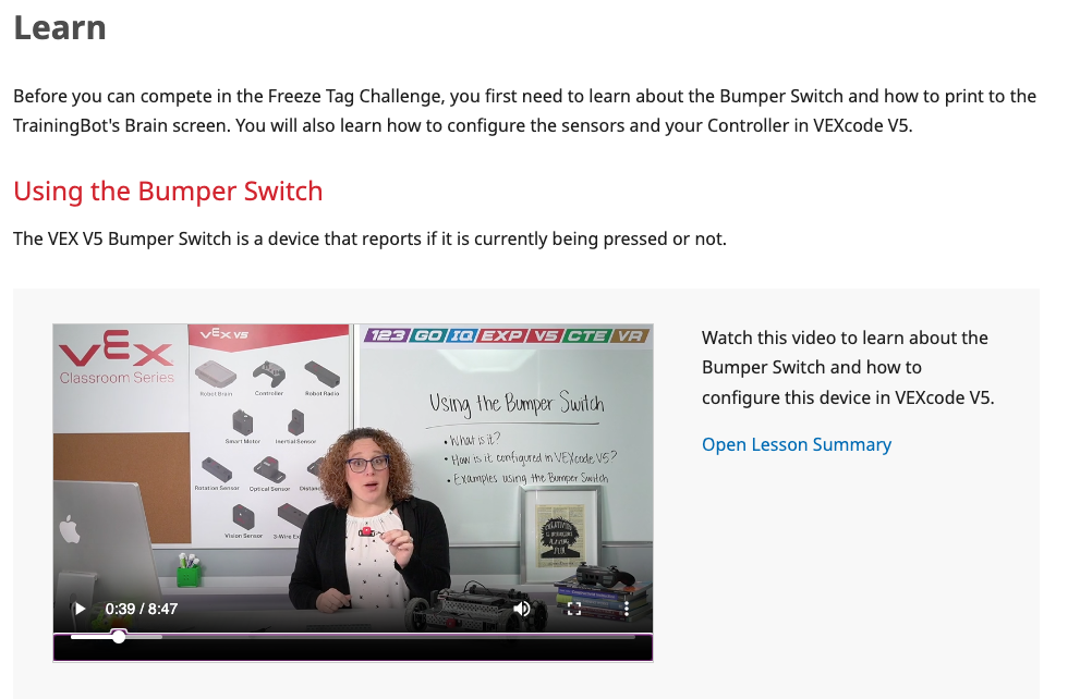 Screenshot of the Learn section of a V5 STEM Lab Lesson, to illustrate the typical format of a Learn page with videos that provide student-facing instructions.