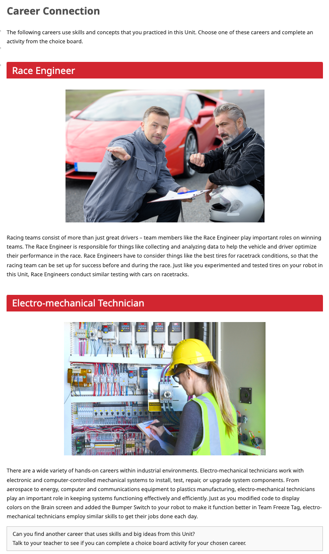 Screenshot of the Career Connections section of a V5 STEM Lab Lesson, to illustrate the typical format of a Career Connections page in the Conclusion Lesson.