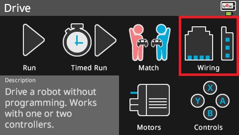Brain screen is shown in the Drive menu with the Wiring option highlighted.