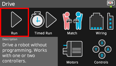 Brain screen is shown in the Drive menu with the Run option highlighted.