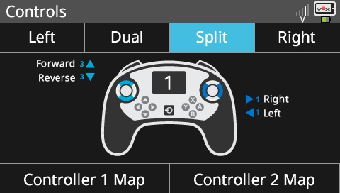 Brain screen is shown in the Controls menu with the Split configuration selected. A diagram shows that the Controller's left and right joysticks are used.