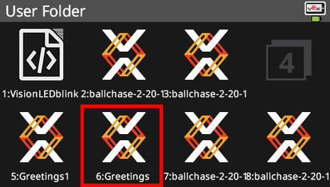 Brain screen is shown in the User Folder menu which has a list of 8 slots for user projects. A project in the 6th slot titled Greetings is highlighted.