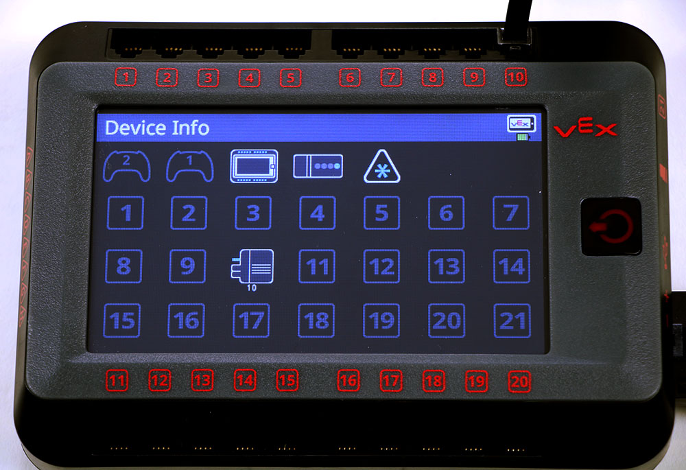 Brain screen is shown in the Device Info menu which has a list of all of the Brain's Smart Ports and connected devices. In this example, there is a connected Robot Battery and there is a Smart Motor connected in Port 10.