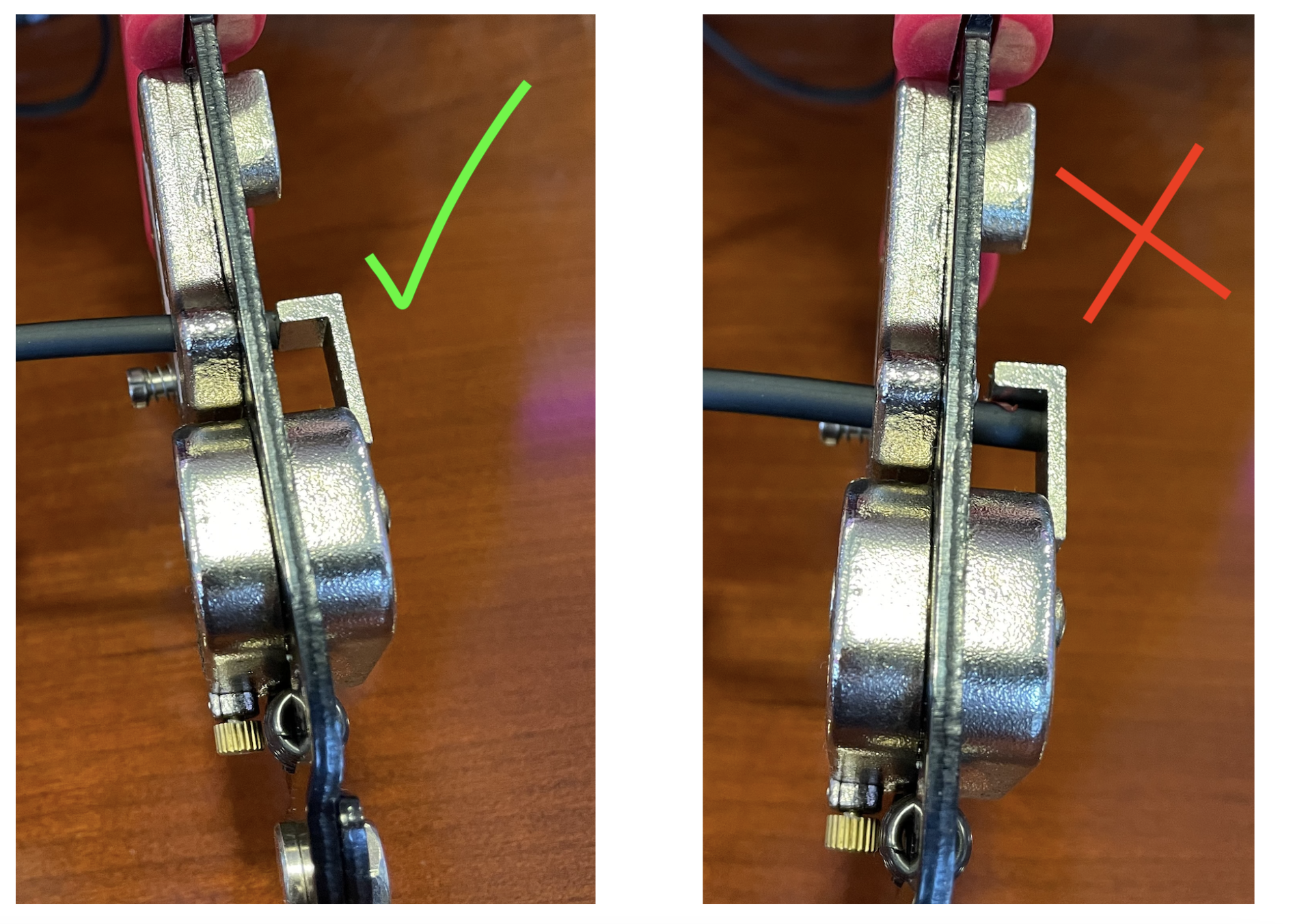 Two top down views of one end of a cable being stripped with the crimping tool. There is a checkmark on the left showing the cable flush with the end of the depth gauge, and not pushed all the way back. There is an X on the right showing the cable being pushed past the end of the depth gauge.