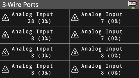 Brain screen is shown in the 3 Wire Ports Info menu that lists information about connected 3 Wire devices. The menu lists all 8 of the 3 Wire ports that are labeled alphabetically from A to H. In this example, all of the ports are set to Analog Input.