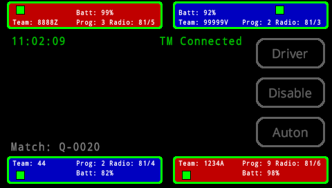FC Brain screen is shown in the Home menu after the TM has been connected. The three buttons on the right are greyed out now, and the clock is colored green and in this example it reads 11:02:09. The TM Connection message is also colored green and it reads TM Connected. The match number is shown in the bottom left and is greyed out.