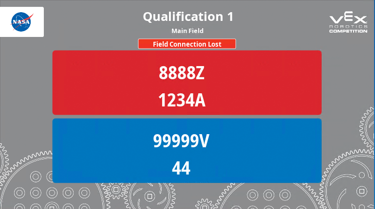 Tournament Manager Display showing the status of a Qualification match after Field Connection has been lost. There is a red error message above the teams listing that reads Field Connection Lost.
