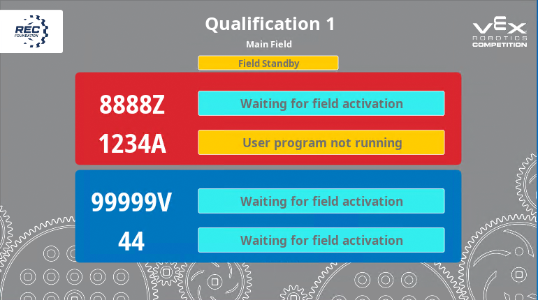Tournament Manager Display showing the status of a Qualification match after the Radio channel controlled by field enable setting has been enabled. There is a yellow warning message above the teams listing that reads Field Standby. Three of the team statuses read Waiting for field activation, and the other status reads User program not running.
