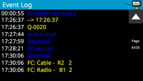 FC Brain screen is shown in the Event Log menu with a list of event messages and their time stamps. In this example, the messages read Program run Slot 2, 17:26:37, Q-0020, Auton start, Disabled, Drive start, Disabled, FC Cable - R2 2, FC Radio - B1 2.
