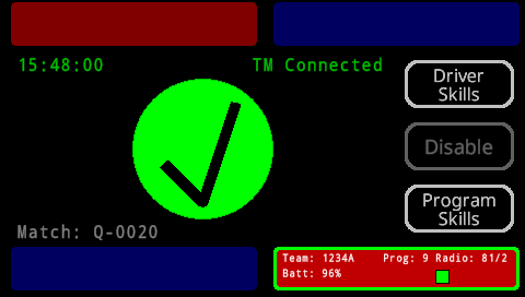 FC Brain Skills App screen is shown in the Home menu and it has a large green check mark in the center of the screen.
