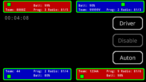 FC Brain screen is shown in the Home menu that is displayed during a competition. Each of the four teams and their statuses are shown in the four corners, and on the right side three buttons read Driver, Disable, and Auton.