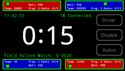 FC Brain screen in shown in the Home menu after the TM has been connected and the field is active. The TM messages are still there, and now the match number is colored green and reads Field Active Match Q-0020. There is also a large timer in the center of the screen, and in this example it reads 0:15.